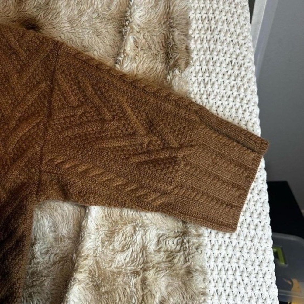 Iris & Ink Camel Brown Cable Knit Turtleneck Sweater Elbow Sleeve - Picture 5 of 9